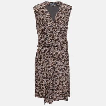 Pre Owned Salvatore Ferragamo Brown Peacock Feather Printed Silk Sleeveless Dress L