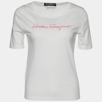 Pre Owned Salvatore Ferragamo White Logo Embroidered Cotton Round Neck T-Shirt M
