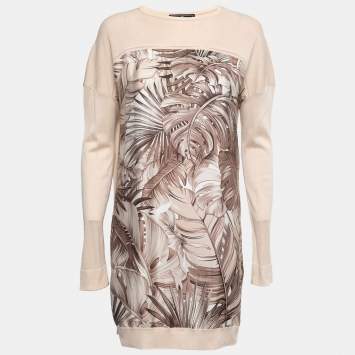 Pre Owned Salvatore Ferragamo Cream Leaf Printed Silk & Knit Top M