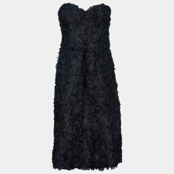 Pre Owned Salvatore Ferragamo Black Silk  Floral Detail Strapless Mini Dress M