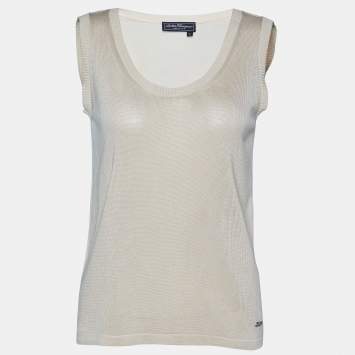 Pre Owned Salvatore Ferragamo Cream Cotton Knit Tank Top M