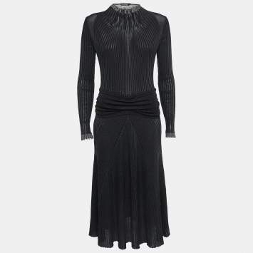 Pre Owned Salvatore Ferragamo Black Lurex Knit Mock Neck Long Sleeve Midi Dress S