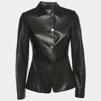 Pre Owned Salvatore Ferragamo Vintage Black Leather Buttoned Jacket S