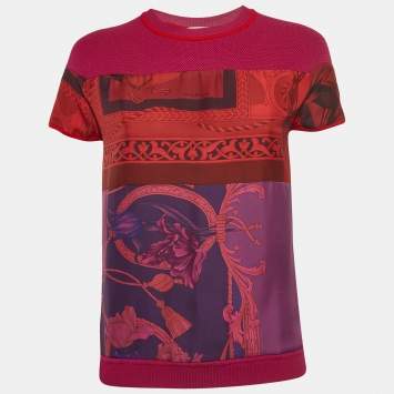Pre Owned Salvatore Ferragamo Pink Printed Silk and Wool Knit Short Sleeve T-shirt S