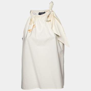 Pre Owned Salvatore Ferragamo Cream Butterfly Print Cotton Halter Neck Top M