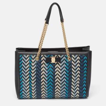 Pre Owned Salvatore Ferragamo Black/Blue Woven Leather Vara Bow Tote