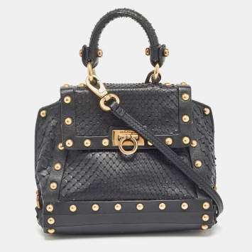 Pre Owned Salvatore Ferragamo Black Python Mini Studded Sofia Top Handle Bag