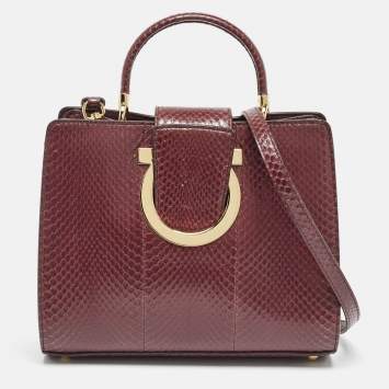Pre Owned Salvatore Ferragamo Burgundy Snakeskin Thea Top Handle Bag
