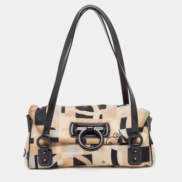 Pre Owned Salvatore Ferragamo Multicolor Printed Satin and Leather Gancini Flap Satchel