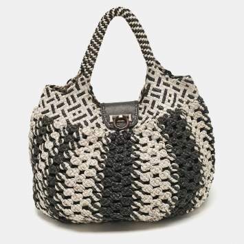 Pre Owned Salvatore Ferragamo Silver/Black Crochet Leather Oversized Bag