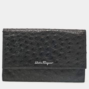 Pre Owned Salvatore Ferragamo Black Ostrich Leather Flap Slim Clutch