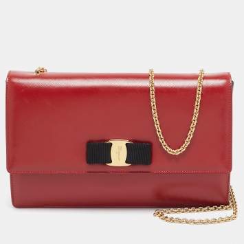 Pre Owned Salvatore Ferragamo Red/Black Leather Miss Vara Chain Shoulder Bag