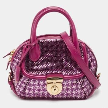 Pre Owned Salvatore Ferragamo Burgundy Sequins and Leather Fiamma Satchel