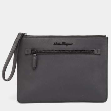 Pre Owned Salvatore Ferragamo Dark Grey Leather Clutch