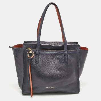 Pre Owned Salvatore Ferragamo Navy Blue Leather Medium Amy Tote