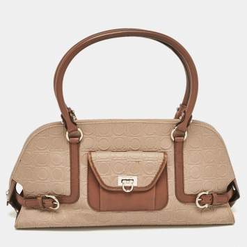 Pre Owned Salvatore Ferragamo Beige/Brown Gancini Embossed Leather Zip Satchel