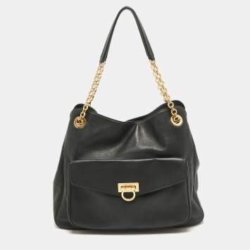 Pre Owned Salvatore Ferragamo Black Leather Sheba Chain Tote
