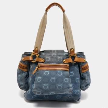 Pre Owned Salvatore Ferragamo Blue Gancini Print Denim and Leather Multiple Pocket Shoulder Bag