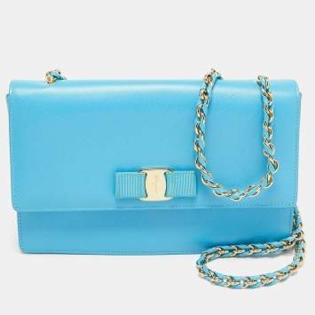 Pre Owned Salvatore Ferragamo Light Blue Leather Ginny Shoulder Bag
