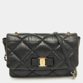 Pre Owned Salvatore Ferragamo Black Quilted Leather Vara Bow Chain Shoulder Bag