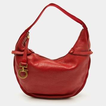 Pre Owned Salvatore Ferragamo Bright Red Leather and Fabric Logo Hobo