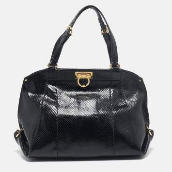 Pre Owned Salvatore Ferragamo Black Python Gancio Satchel