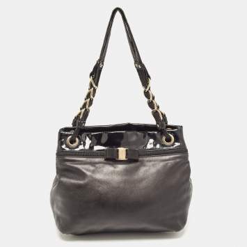 Pre Owned Salvatore Ferragamo Black Patent and Leather Bow Chain Tote