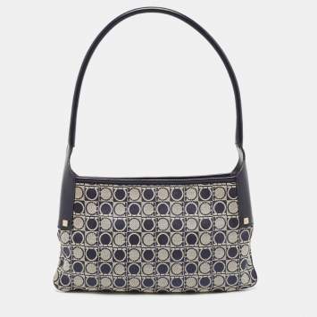 Pre Owned Salvatore Ferragamo Navy Blue Gancini Print Fabric and Leather Shoulder Bag