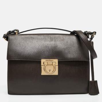 Pre Owned Salvatore Ferragamo Dark Brown Leather Gancio Shoulder Bag