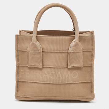 Pre Owned Salvatore Ferragamo Beige Signature Fabric Logo Small Tote