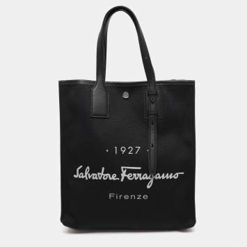 Pre Owned Salvatore Ferragamo Black Canvas and Leather Shopper Tote