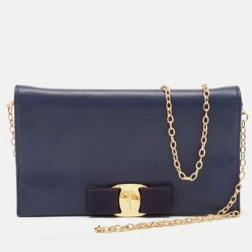 Pre Owned Salvatore Ferragamo Navy Blue Leather Vara Bow Flap Wallet On Chain