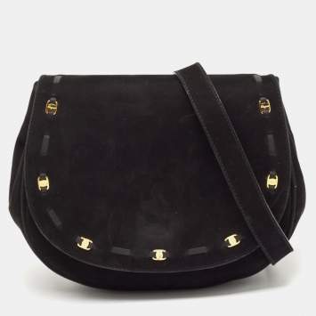 Pre Owned Salvatore Ferragamo Black Suede Logo Flap Crossbody Bag