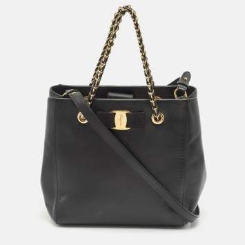 Pre Owned Salvatore Ferragamo Black Leather Vara Bow Chain Tote