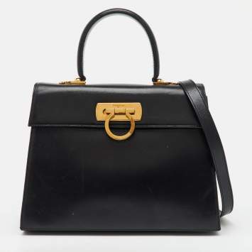 Pre Owned Salvatore Ferragamo Black Leather Iconic Gancini Flap Top Handle Bag