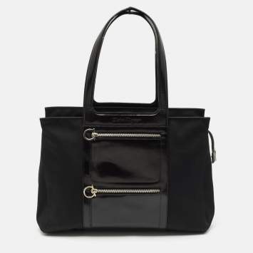Pre Owned Salvatore Ferragamo Black Leather and Nylon Ganici Pocket Tote