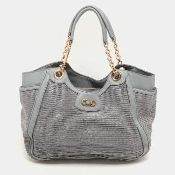 Pre Owned Salvatore Ferragamo Grey Leather and Raffia Betulla Tote