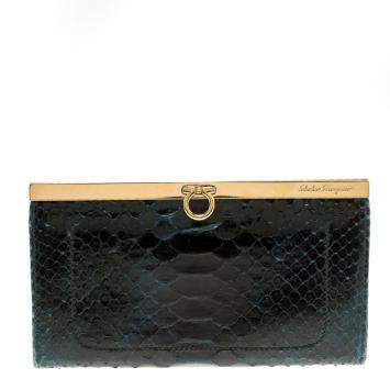 Pre Owned Salvatore Ferragamo Dark Blue Python Mandorla Wallet