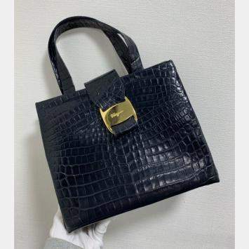 Pre Owned Salvatore Ferragamo Navy Blue Crocodile Embossed Handbag