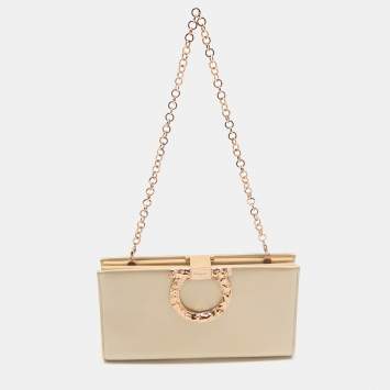 Pre Owned Salvatore Ferragamo Beige Satin Gancini Chain Clutch