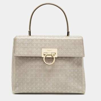 Pre Owned Salvatore Ferragamo Grey Signature Embossed Leather Gancini Top Handle Bag
