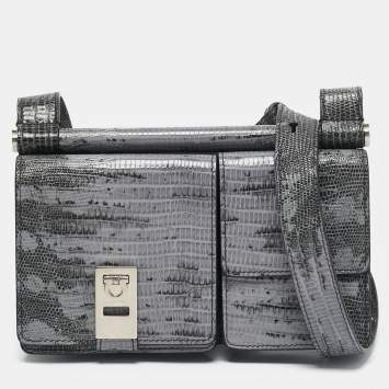 Pre Owned Salvatore Ferragamo Lilac/Black Lizard Embossed Leather Multi Pocket Flap Crossbody Bag