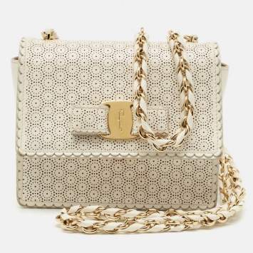 Pre Owned Salvatore Ferragamo White Perforated Leather Mini Vara Ginny Shoulder Bag