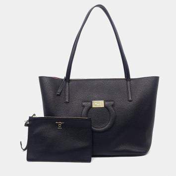 Salvatore Ferragamo Black Leather Gancini Shopper Bag