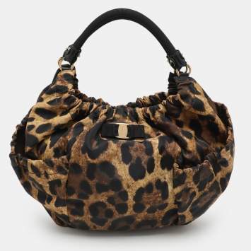 Salvatore Ferragamo Brown Leopard Print Nylon Vara Bow Hobo