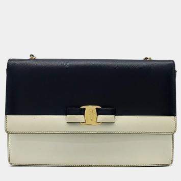 Pre Owned Salvatore Ferragamo Black White Leather Genie Crossbody Bag