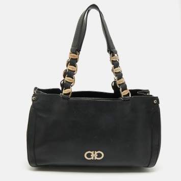 Pre Owned Salvatore Ferragamo Black Leather Chain Tote