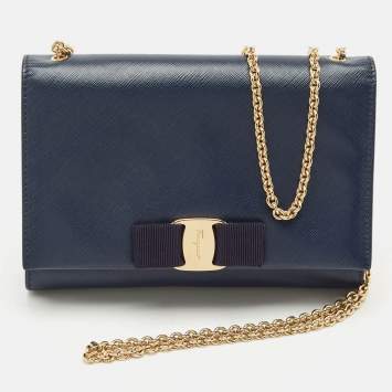 Salvatore Ferragamo Navy Blue Leather Vara Bow Chain Clutch