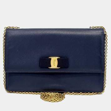Pre Owned Salvatore Ferragamo Navy Blue Leather Genie Crossbody Bag