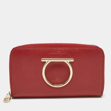 Pre Owned Salvatore Ferragamo Red Leather Gancini Zip Around Long Wallet